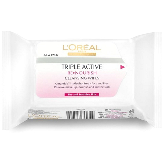 Loreal Paris Triple Active čistiace vreckovky suchá a citlivá pleť 25 kusov