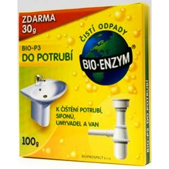 Bio-Enzym Bio-P3 Biologický prípravok na spriechodnenie upchatých rúr a obmedzuje zápach 100 g obnovuje prírodný rozkladový proces