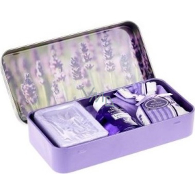 Esprit Provence Levanduľové toaletné mydlo 60 g + vonné vrecúško + esenciálny olej 12 ml + plechová krabička s obrázkom levanduľových kvetov, kozmetická sada pre ženy