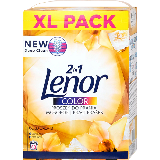 Lenor Color 2v1 Gold Orchid vôňa vanilky, mimózy, ruže a broskyne Prací prášok na farebnú bielizeň 60 praní 3,9 kg