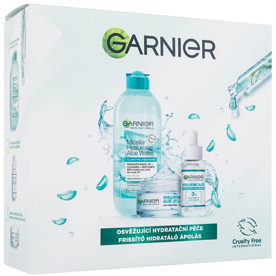 Garnier Skin Naturals Hyaluronic Aloe Micelárna voda Micelárna voda 400 ml + Vypĺňajúce sérum na tvár s aloe vera 30 ml + Jelly 3v1 Denný hydratačný krém s gélovou textúrou pre normálnu až zmiešanú pleť 50 ml, kozmetická sada