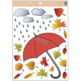 Okenná fólia jeseň červený dáždnik mraky s dažďom 35 x 50 cm