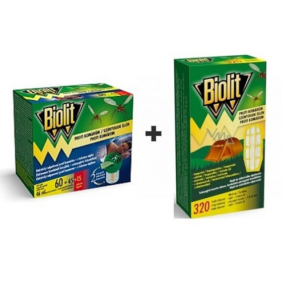 Biolit s tekutou náplňou proti komárom 60 nocí elektrický odpudzovač + Biolit proti komárom náplň do elektrického odparovača 1 kus + batérie 2 kusy