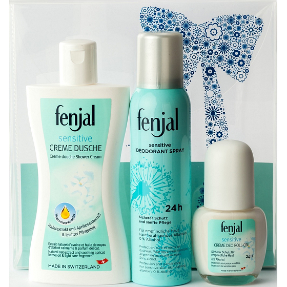 Fenjal Sensitive sprchový krém 200 ml + dezodorant sprej pre ženy 150 ml + guličkový dezodorant roll-on pre ženy 50 ml, kozmetická sada