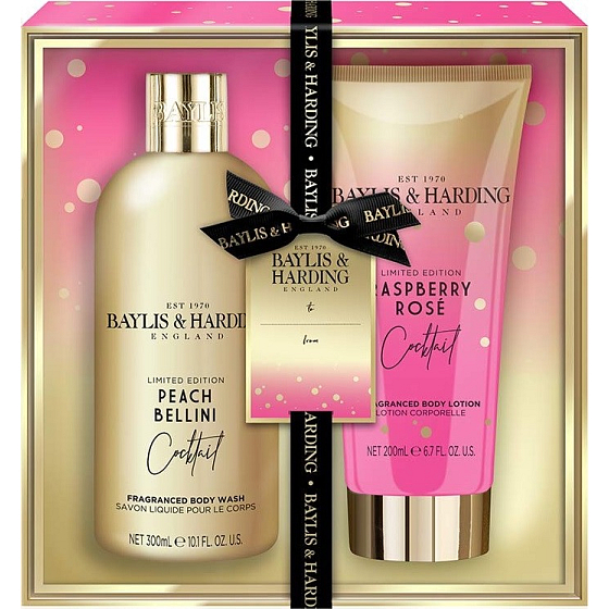 Baylis & Harding Koktejlová hodina Broskyňové Bellini umývací gél 300 ml + Malinová ruže telové mlieko 200 ml, kozmetická sada