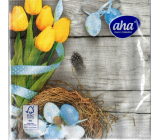 Aha Papierové obrúsky 3 vrstvy 33 x 33 cm 20 kusov Veľkonočné šedé, žlté tulipány, modré vajíčka