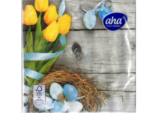 Aha Papierové obrúsky 3 vrstvy 33 x 33 cm 20 kusov Veľkonočné šedé, žlté tulipány, modré vajíčka
