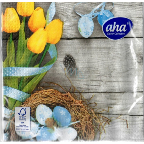 Aha Papierové obrúsky 3 vrstvy 33 x 33 cm 20 kusov Veľkonočné šedé, žlté tulipány, modré vajíčka