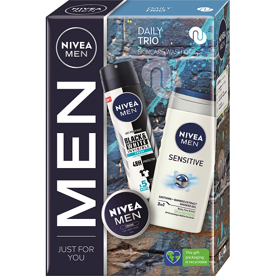 Nivea Men Daily Trio Krémový krém 30 ml + antiperspirant dezodorant v spreji Invisible Black & White Fresh 150 ml + sprchový gél Sensitive 3v1 250 ml, kozmetická sada pre mužov