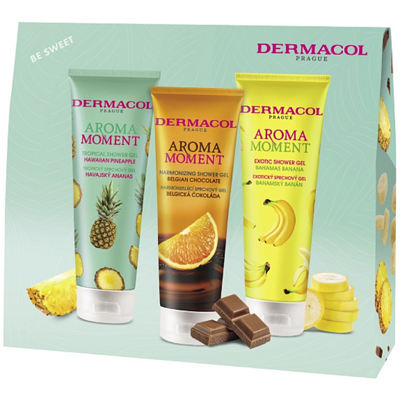 Dermacol Aroma Moment sprchový gel Ananas 250 ml + sprchový gel Banán 250 ml + sprchový gel Belgická čokoláda 250 ml, kosmetická sada pro ženy