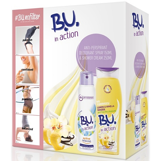 BU In Action Active Release antiperspirant dezodorant sprej pre ženy 150 ml + In Action Lemon & Vanilla Mousse sprchový gél 250 ml, kozmetická sada