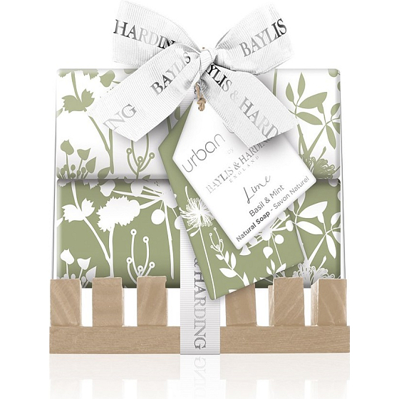 Baylis & Harding Limetka, Bazalka a Mäta toaletné mydlo 2 x 200 g + drevená mydelnička, kozmetická sada