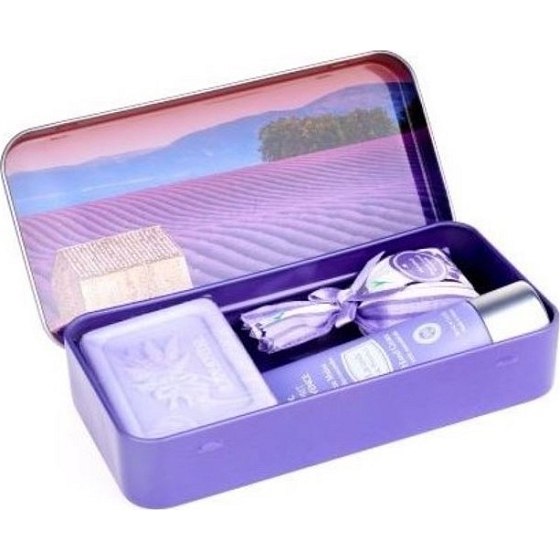 Esprit Provence Levanduľa toaletné mydlo 60 g + vonné vrecúško + krém na ruky 30 ml + plechová krabička s obrázkom západu slnka, kozmetická sada pre ženy