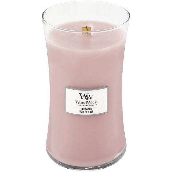 WoodWick Rosewood - sviečka s vôňou ružového dreva s dreveným knôtom a skleneným viečkom veľká 609 g
