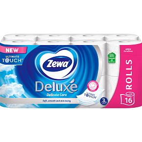 Zewa Deluxe Aqua Tube Delicate Care toaletný papier 3 vrstvový 150 útržkov 16 kusov, rolička, ktorú môžete spláchnuť