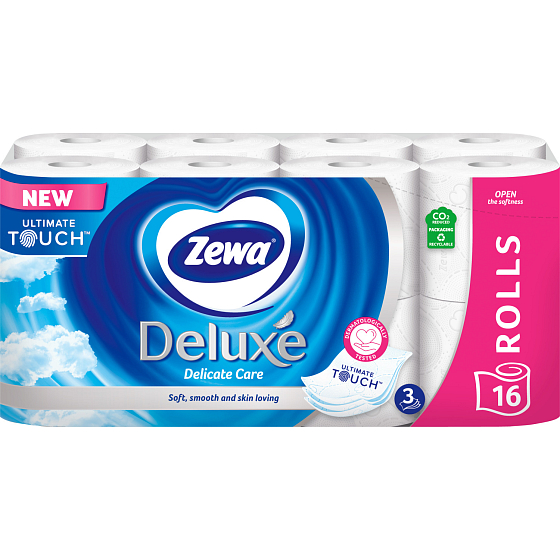 Zewa Deluxe Aqua Tube Delicate Care toaletný papier 3 vrstvový 150 útržkov 16 kusov, rolička, ktorú môžete spláchnuť
