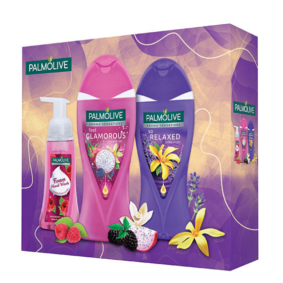 Palmolive Glamorous sprchový gél 250 ml + Relaxed sprchový gél 250 ml + Raspberry penové tekuté mydlo 250 ml, kozmetická sada