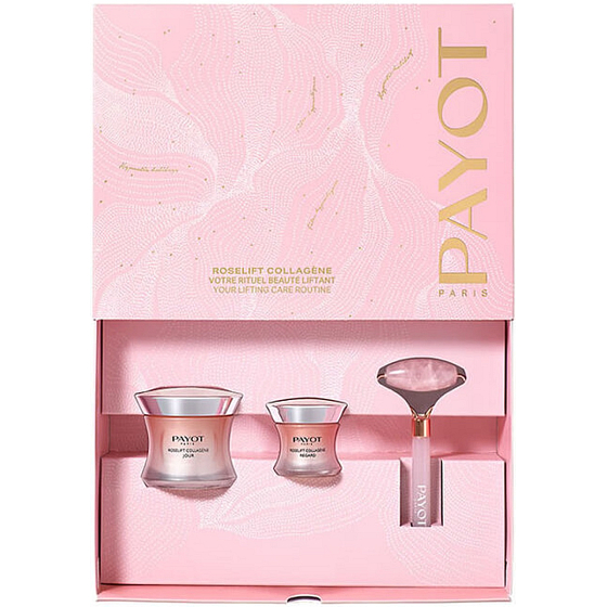 Payot Roselift Collagene Jour denný liftingový krém 50 ml + Roselift Collagene Regard očný krém proti vráskam, vačkom a tmavým kruhom 15 ml + masážny valček na tvár, kozmetická sada pre ženy