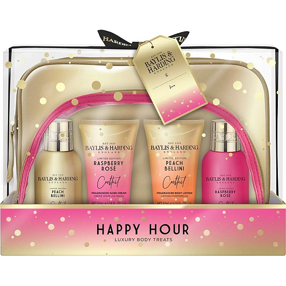 Baylis & Harding Koktejlová hodina Broskyňové Bellini umývací gél 100 ml + Malinová ruže sprchový krém 100 ml + Broskyňové Bellini telové mlieko 50 ml + Malinová ruže krém na ruky 50 ml + toaletná taška 2 kusy, kozmetická sada