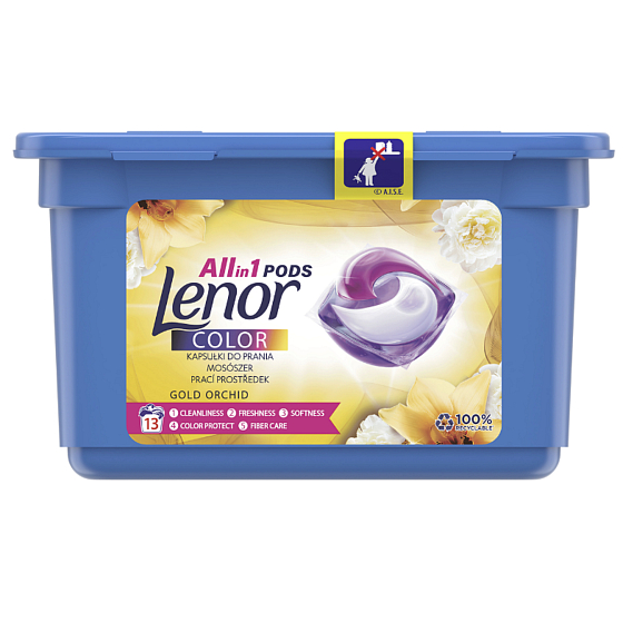 Lenor Color 2v1 Gold Orchid vôňa vanilky, mimózy, ruží a broskýň gélové kapsule na pranie farebnej bielizne 13 kusov