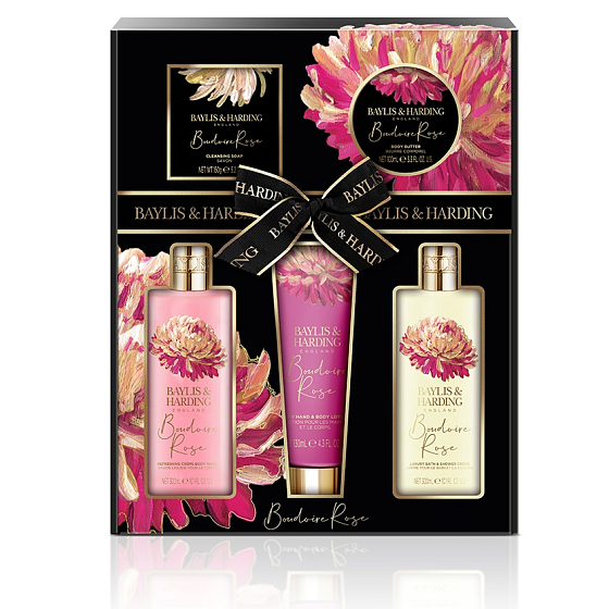 Baylis & Harding Mysterious Rose prací gél 300 ml + krém do kúpeľa a sprchy 300 ml + krém na ruky a telo 130 ml + toaletné mydlo 150 g + telové maslo 100 ml, kozmetická sada pre ženy