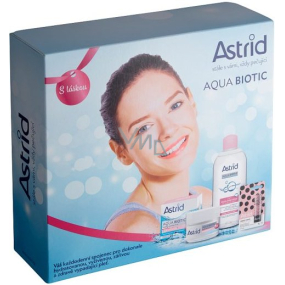 Astrid Aqua Biotic denný a nočný krém pre suchú a citlivú pleť 50 ml + 3v1 micelárna voda 400 ml + Trendy edícia Perleťový lesk tónovací balzam na pery 4,8 g, kozmetická sada