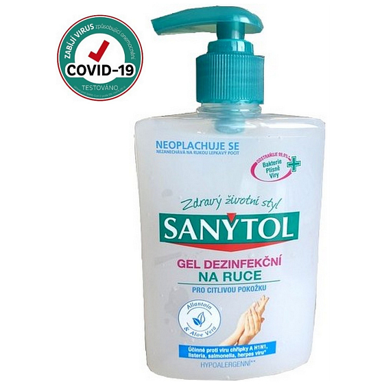 Sanytol Sensitive dezinfekčný gél na ruky, hydratačný ničí vírusy a baktérie 250 ml (AH1N1)