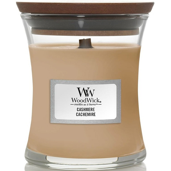 WoodWick Cashmere vonná sviečka s dreveným knôtom a skleneným viečkom malá 85 g
