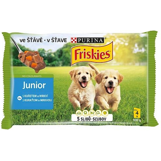 Purina Friskies Junior kuracie mäso s mrkvou v šťave kompletné krmivo pre psov kapsule 4 x 100 g