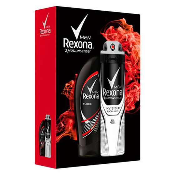 Rexona Men Turbo sprchový gél na telo aj vlasy 250 ml + Motionsense Invisible Black + White antiperspirant dezodorant sprej 150 ml, kozmetická sada