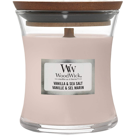 Woodwick Vanilla & Sea Salt - Vanilka a morská soľ vonná sviečka s dreveným knôtom a viečkom sklo malá 85 g