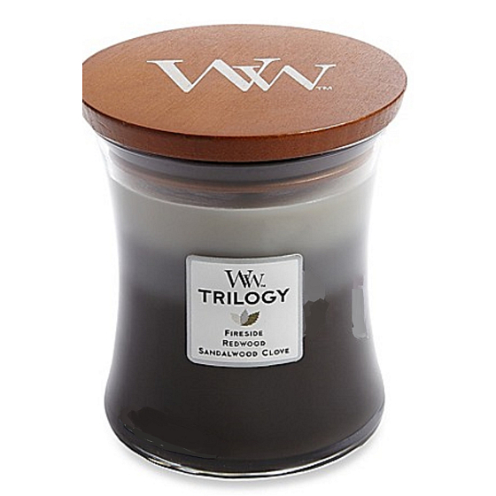WoodWick Trilogy Cozy Cabin - Útulná chata vonná sviečka s dreveným knôtom a viečkom sklo stredná 275 g