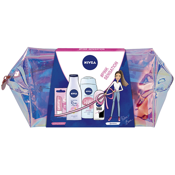 Nivea Pink Sensation Rose & Argan Oil telové mlieko pre ženy 200 ml + Ibištek & Šalvia sprchový gél 250 ml + Black & White Clear guľôčkový antiperspirant 50 ml + Labello Pearly Shine balzam na pery 4,8 g + taška, kozmetická sada