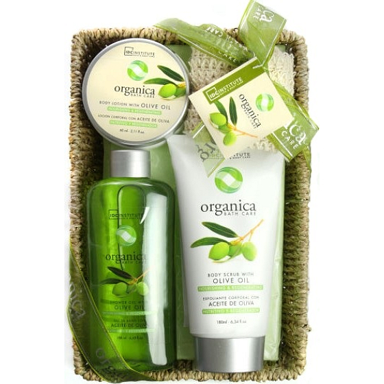 Idc Institute Organica Olive Oil sprchový gél 188 ml + telové mlieko 180 ml + telový peeling 60 ml + sisal hubka 1 kus v košíku, kozmetická sada
