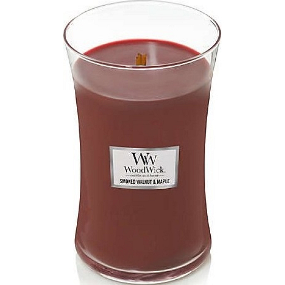 WoodWick Smoked Walnut & Maple vonná sviečka s dreveným knôtom a skleneným viečkom veľká 609 g