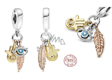 Šarm Striebro 925 Ochranný amulet, Fatimina ruka, oko proroka a pierko, talizman 3v1, náramok prívesok symbol