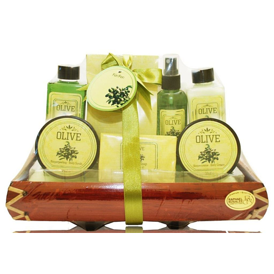 Raphael Rosalee Cosmetics Oliva sprchový gél 190 ml + telové mlieko 190 ml + telový sprej 100 ml + telový peeling 50 ml + telový krém 50 ml + soľ do kúpeľa 200 g + toaletné mydlo 100 g, kozmetická sada