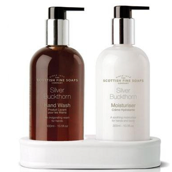 Scottish Fine Soaps Strieborný Rakytník tekuté mydlo dávkovač 300 ml + mlieko na ruky dávkovač 300 ml, duo set