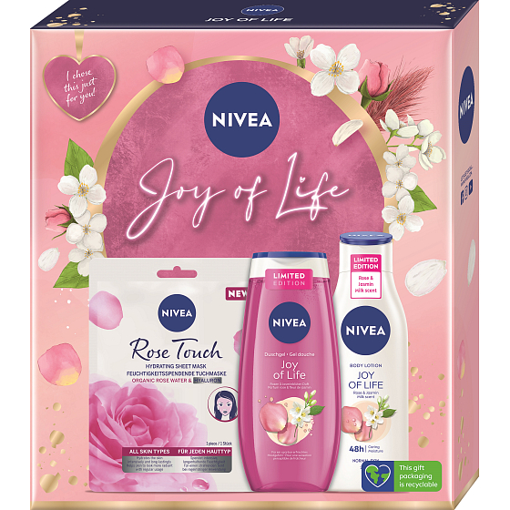 Nivea Joy of Life Rose Touch textilná maska na tvár 1 ks + Joy of Life sprchový gél 250 ml + Joy of Life telové mlieko 250 ml, kozmetická sada pre ženy