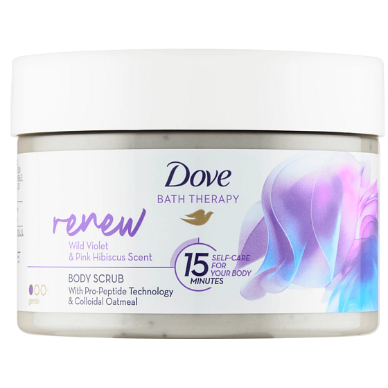 Dove Renew telový peeling s vôňou fialky a ružového ibišteka 295 ml