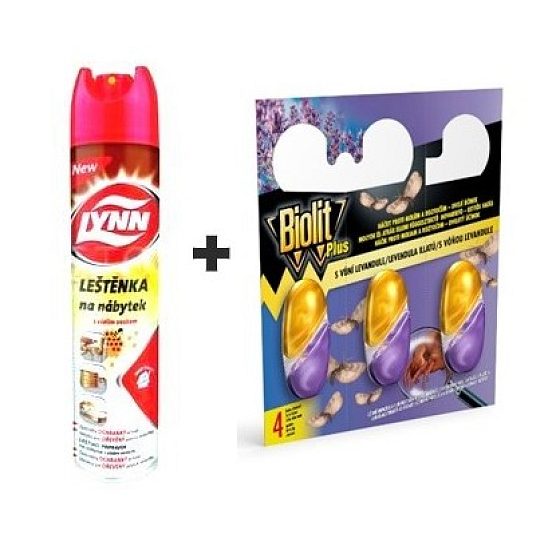 Lynns Včelí vosk leštenka na nábytok sprej 300 ml + Biolit Plus M gél s vôňou levandule háčikmi proti moliam a roztočom 3 kusy