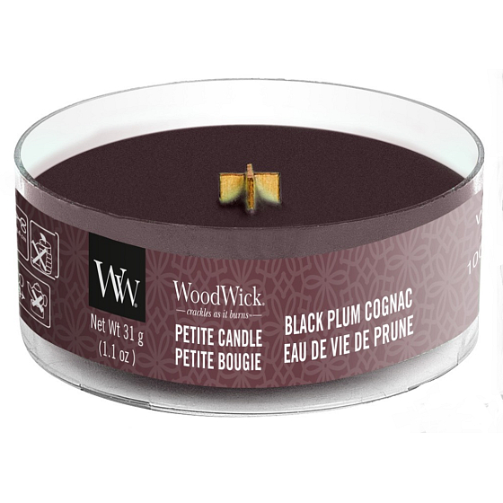 Woodwick Black Plum Cognac - Koňak z čiernych sliviek vonná sviečka s dreveným knôtom petite 31 g