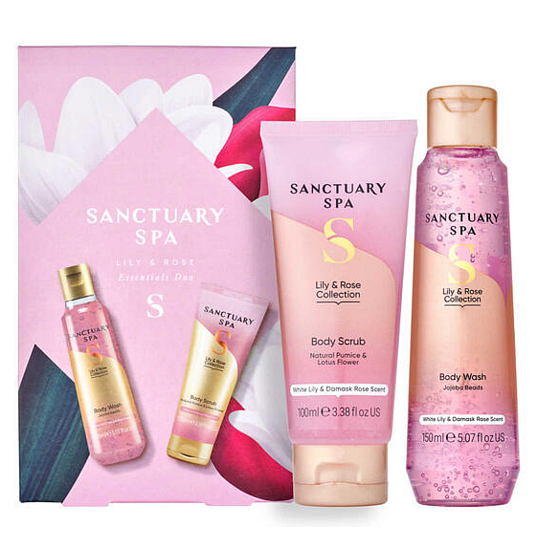 Sanctuary Spa Sprchový gél s ľaliou a ružou 150 ml + telový peeling 100 ml, kozmetická sada pre ženy