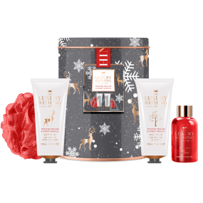 Grace Cole Toasted Praline & Sweet Vanilla umývací gél 100 ml + telový krém 100 ml + umývacia huba + pena do kúpeľa 50 ml + plechová dóza, kozmetická sada pre ženy