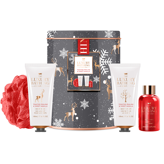 Grace Cole Toasted Praline & Sweet Vanilla umývací gél 100 ml + telový krém 100 ml + umývacia huba + pena do kúpeľa 50 ml + plechová dóza, kozmetická sada pre ženy
