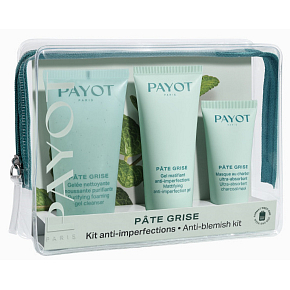 Payot Pate Grise Nettoayante penivý gél 50 ml + Gel Matifiant Anti-imperfections denný zmatňujúci gél 30 ml + Charbon Masque absorpčná zmatňujúca čierna maska 15 ml, kozmetická sada pre zmiešanú až mastnú pleť