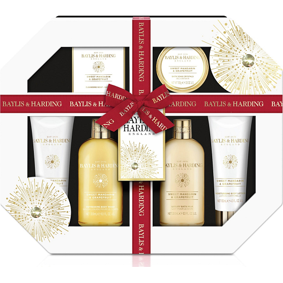 Baylis & Harding Sladká mandarínka a Grapefruit umývací gél 300 ml + mlieko do kúpeľa 300 ml + mydlo 150 g + sprchový krém 130 ml + telové mlieko 130 ml + soľ do kúpeľa 100 g, kozmetická sada