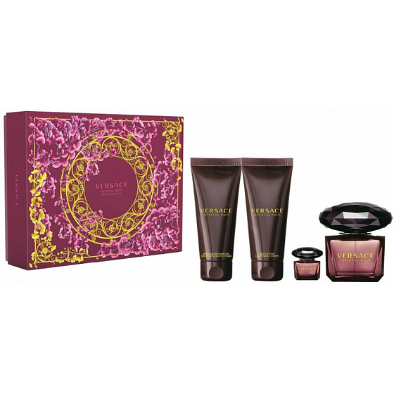 Versace Crystal Noir toaletná voda 90 ml + telové mlieko 100 ml + sprchový gél 100 ml + toaletná voda 5 ml miniatúra, darčeková sada pre ženy