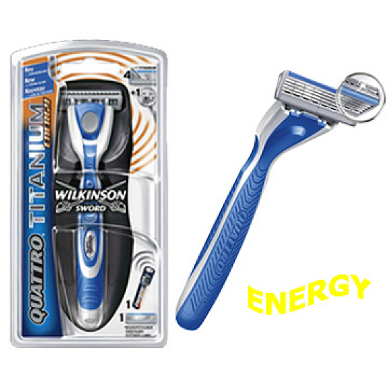 Wilkinson Quattro Titanium Energy holiaci strojček + 1 brit + bat