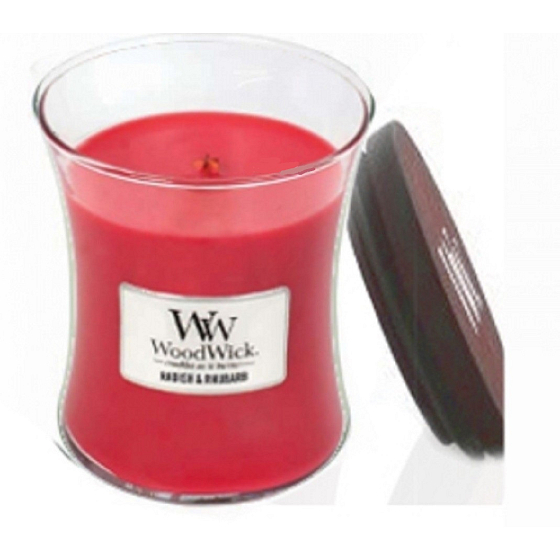 Woodwick Radish and Rhubarb - Reďkev a Rebarbora vonná sviečka s dreveným knôtom a viečkom sklo malá 85 g